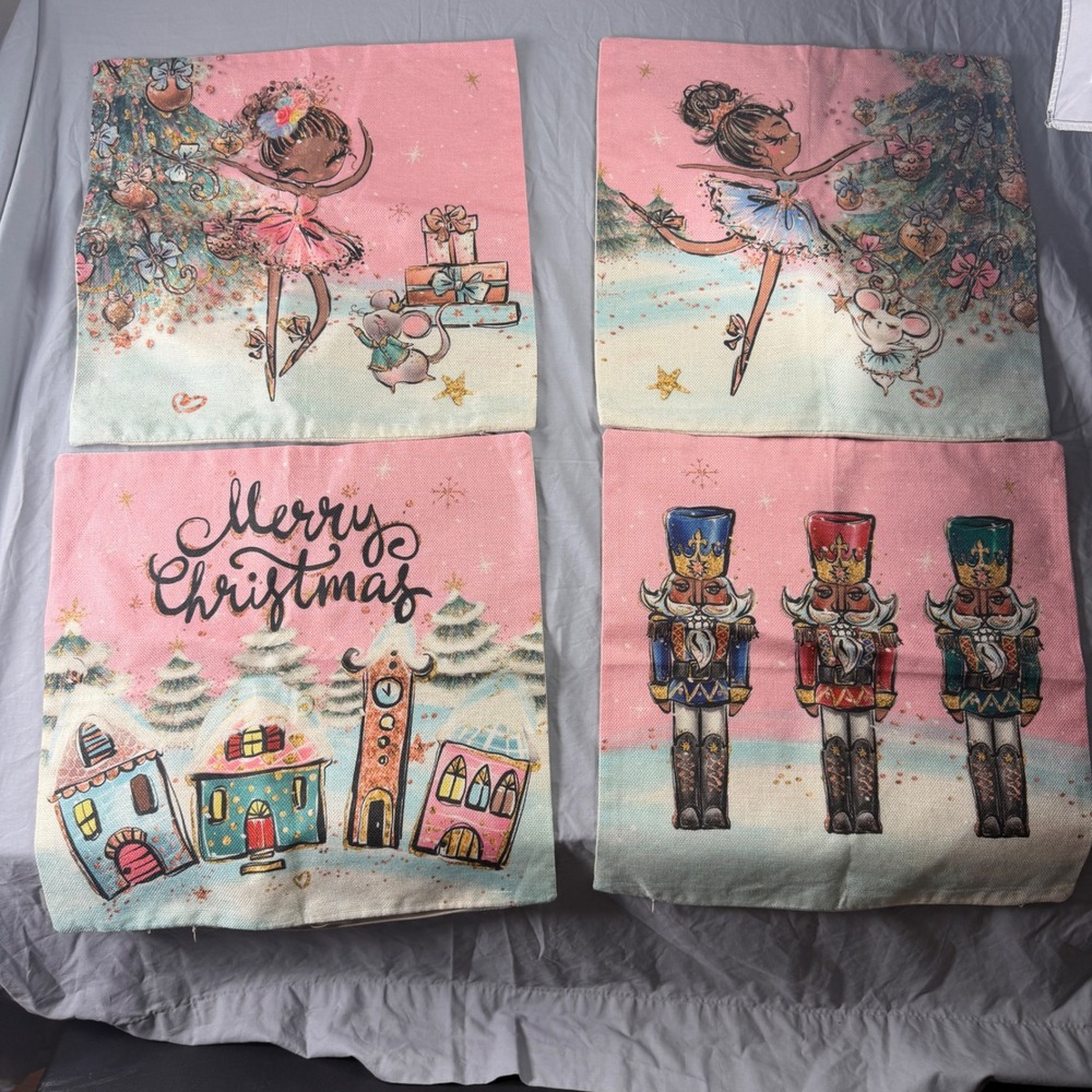 Christmas Pillow Covers Set of 4 18x18 Pink Ballerina Nutcracker holiday decor